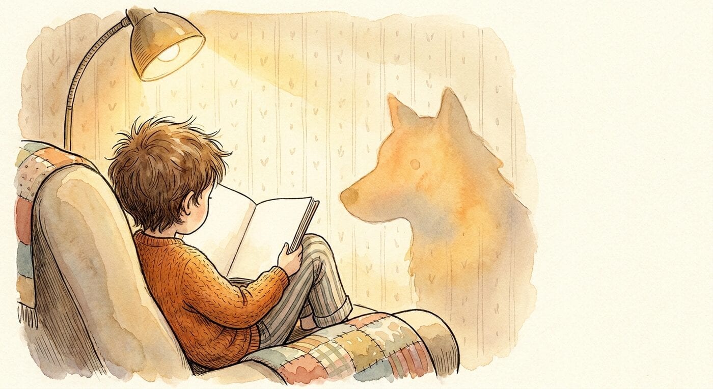 A child seen from behind reading in an armchair under a lamp, with a soft wolf-shaped shadow on the wall