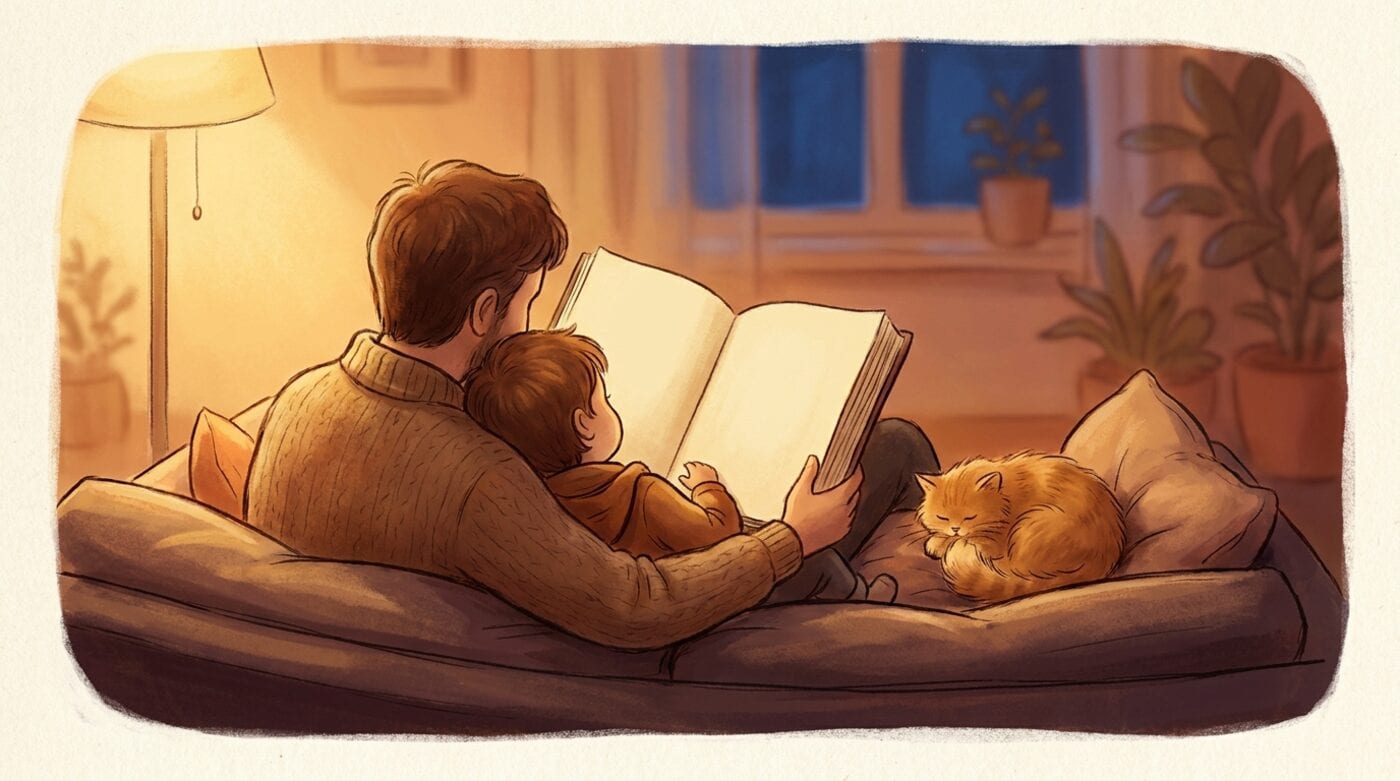A parent and child seen from behind on a sofa in lamplight, reading one thick open book together while a ginger cat sleeps beside them.