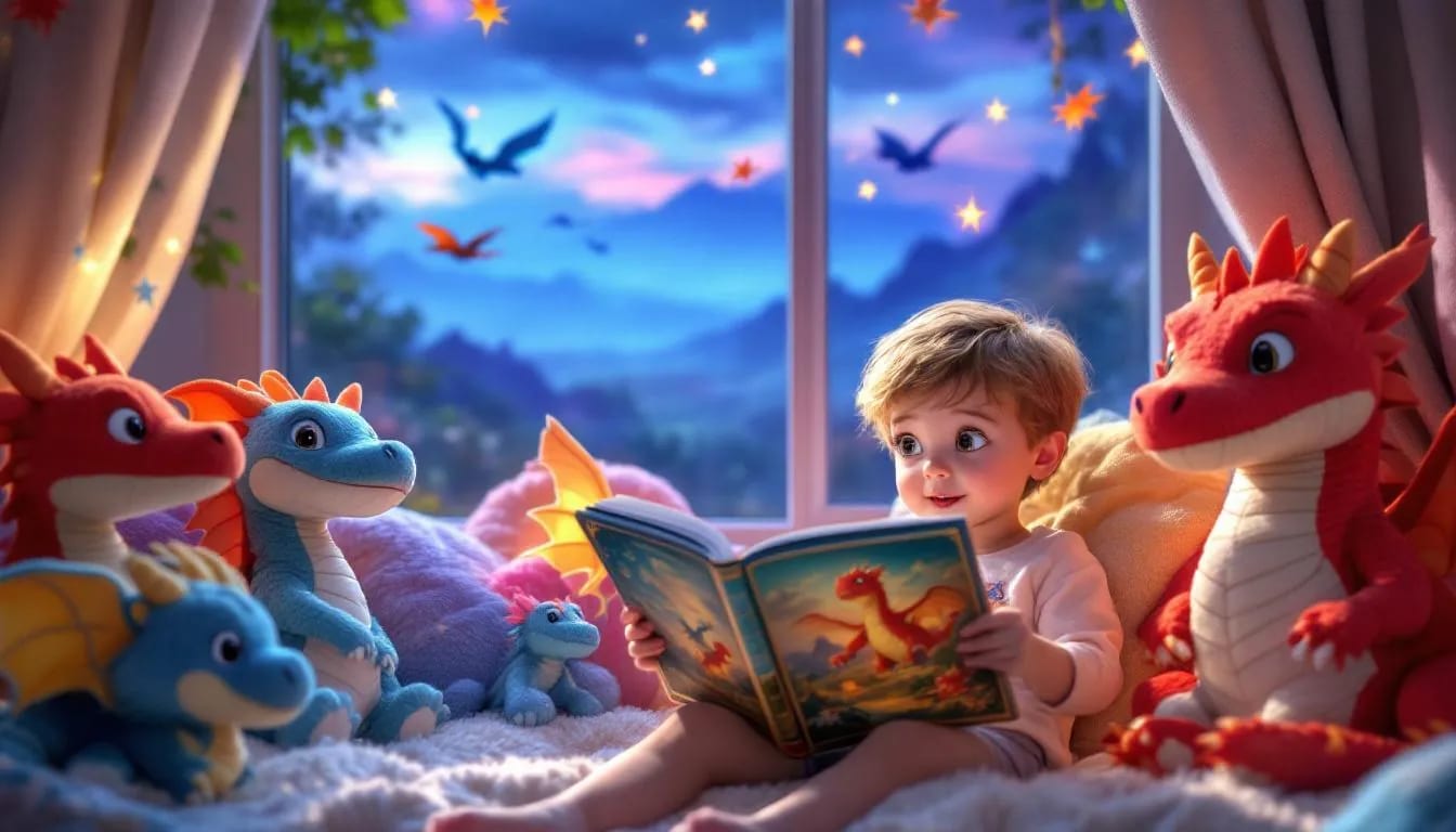Young child reading a dragon picture book surrounded by plush dragons