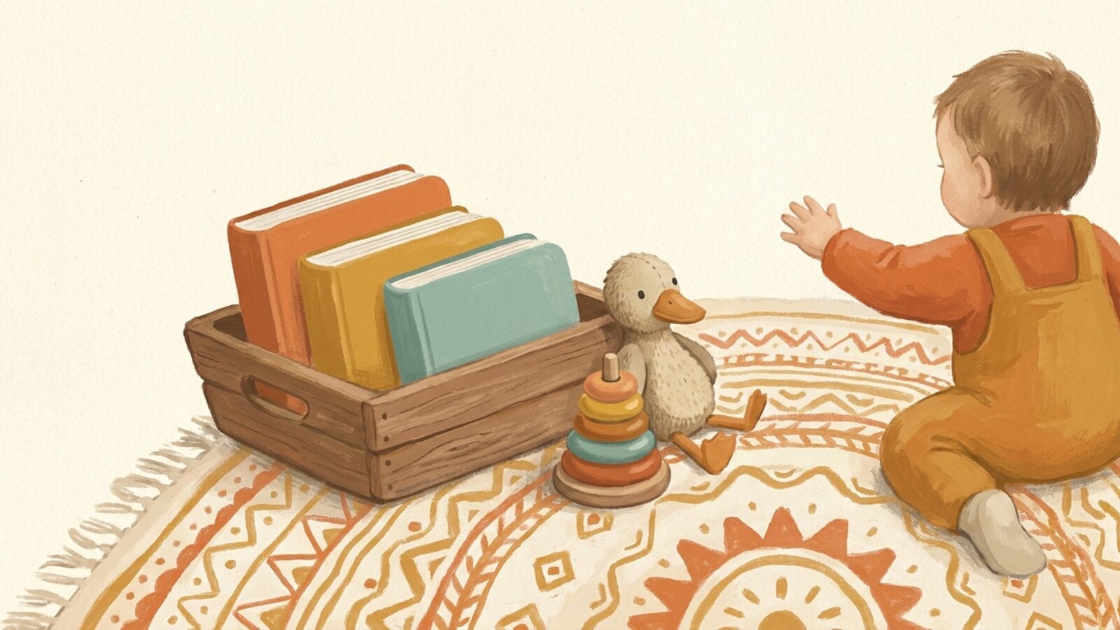 A toddler seen from behind reaching toward a wooden crate of chunky board books on a patterned rug, with a soft toy duck and a stacking ring beside it.