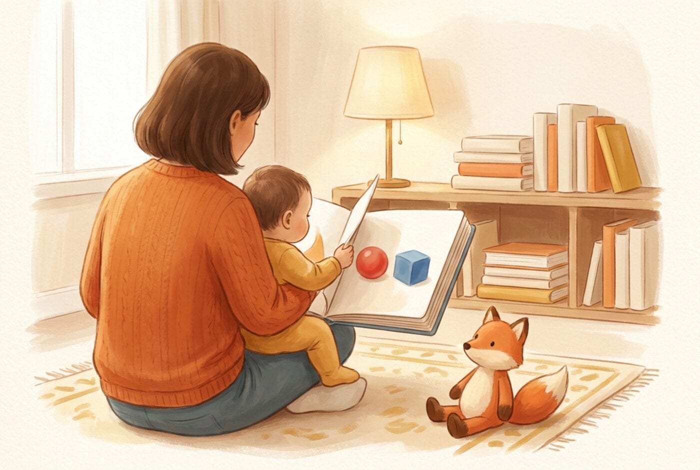 A parent sitting on a nursery rug with a ten-month-old baby on their lap, the baby turning the thick page of a board book showing a red ball and a blue block