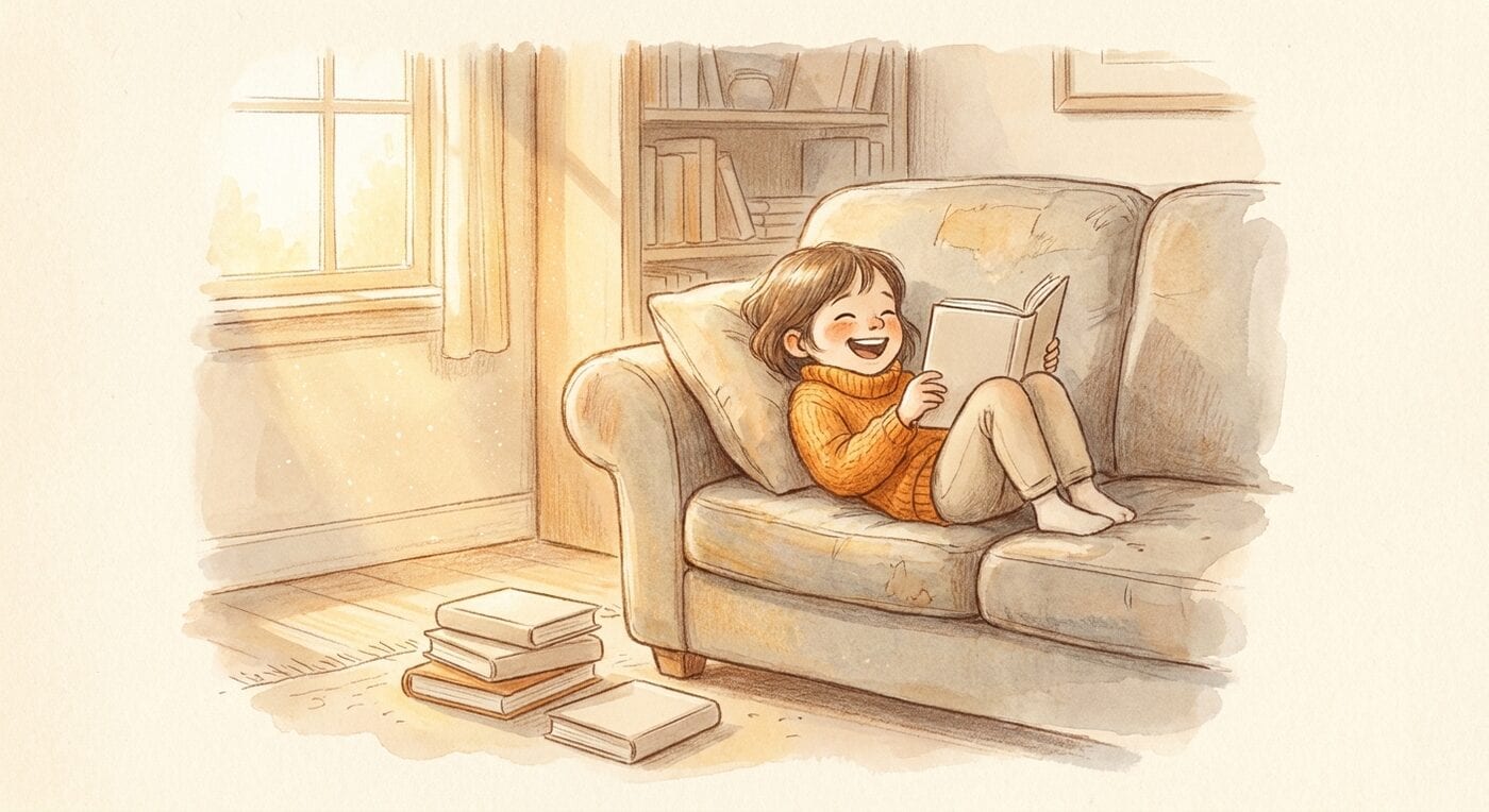 A child laughing on a couch with a book, a small pile of books on the floor beside her