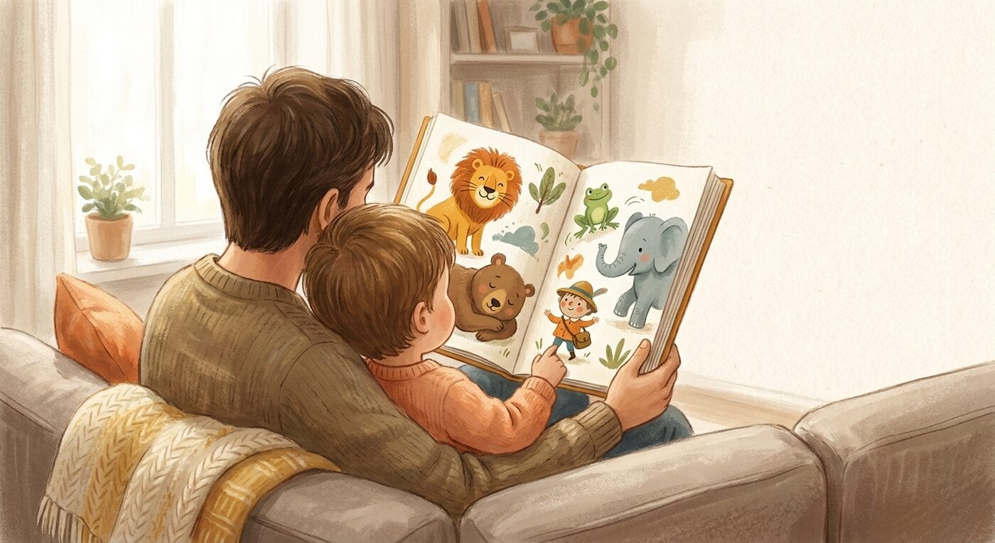A parent and a young child seen from behind on a sofa, looking at an open picture book full of illustrated animals
