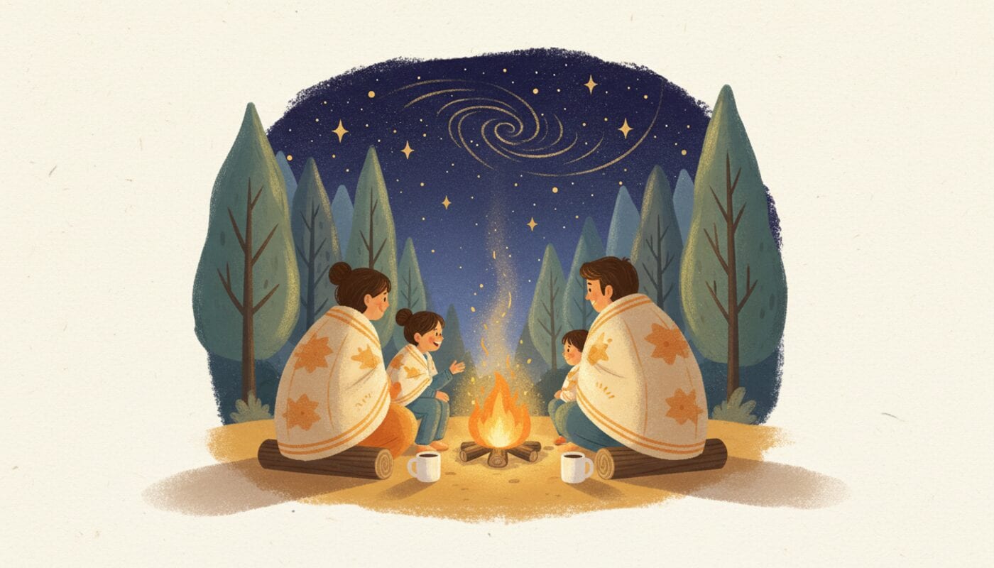A family wrapped in blankets sits around a small campfire under a starry sky, and one child gestures as if telling the others a riddle