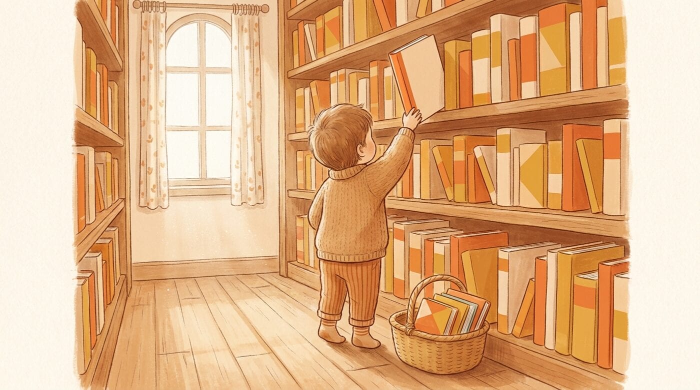 A child seen from behind in a library aisle, reaching for a slim book on a shelf of plain orange and golden spines, with a basket of books on the floor.