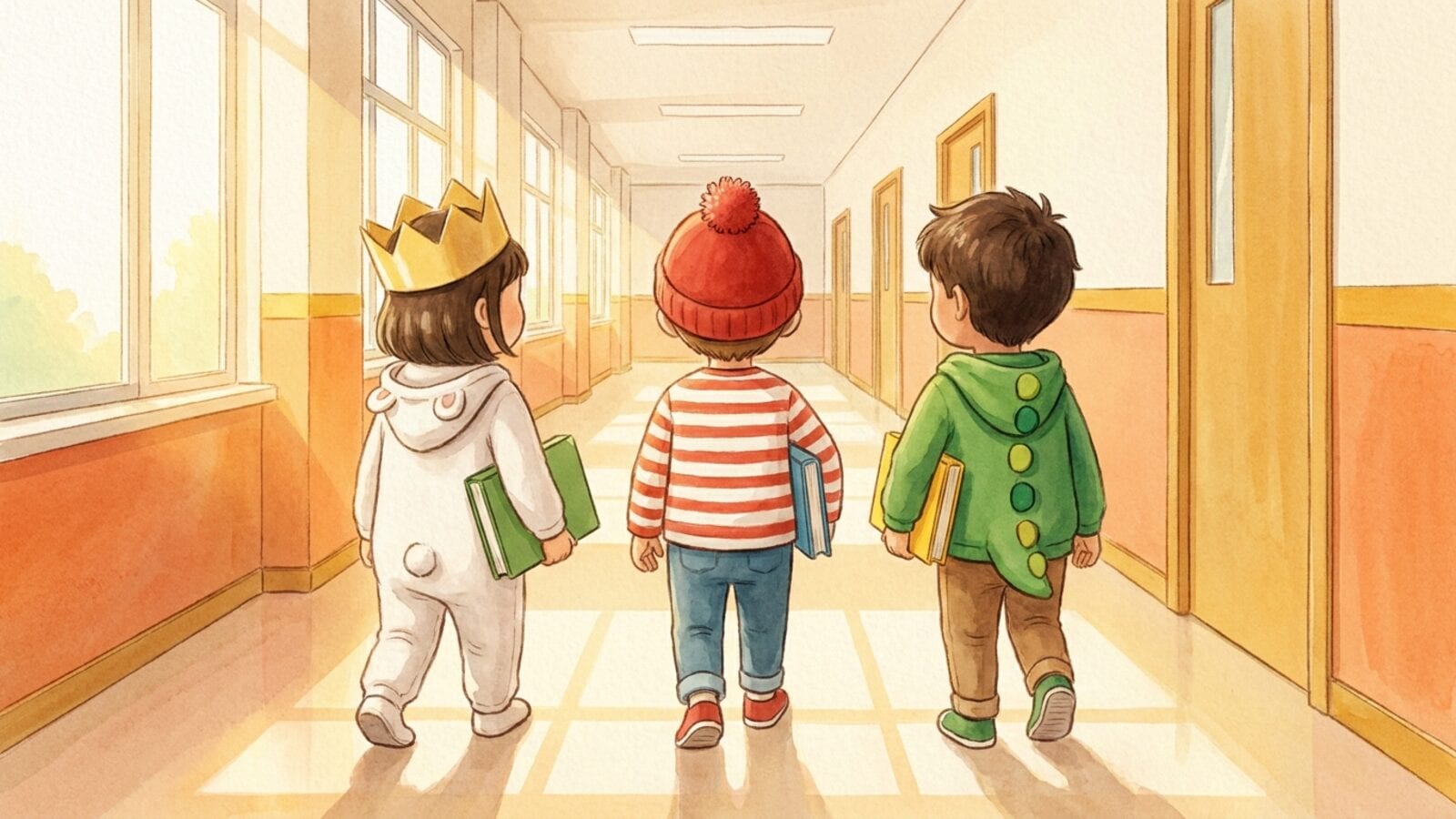 Three young children seen from behind walking down a sunny school hallway in homemade costumes: a white hooded onesie with a paper crown, a red-and-white striped shirt with a bobble hat, and a green hoodie with felt spots, each carrying a picture book.