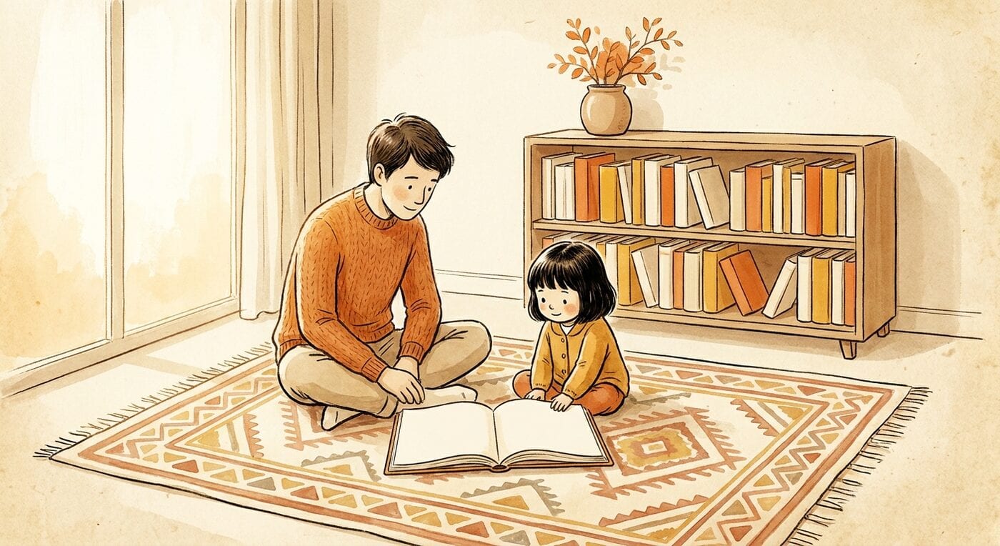 A parent and a young child sitting on a patterned rug with an open blank picture book between them, beside a low shelf of books