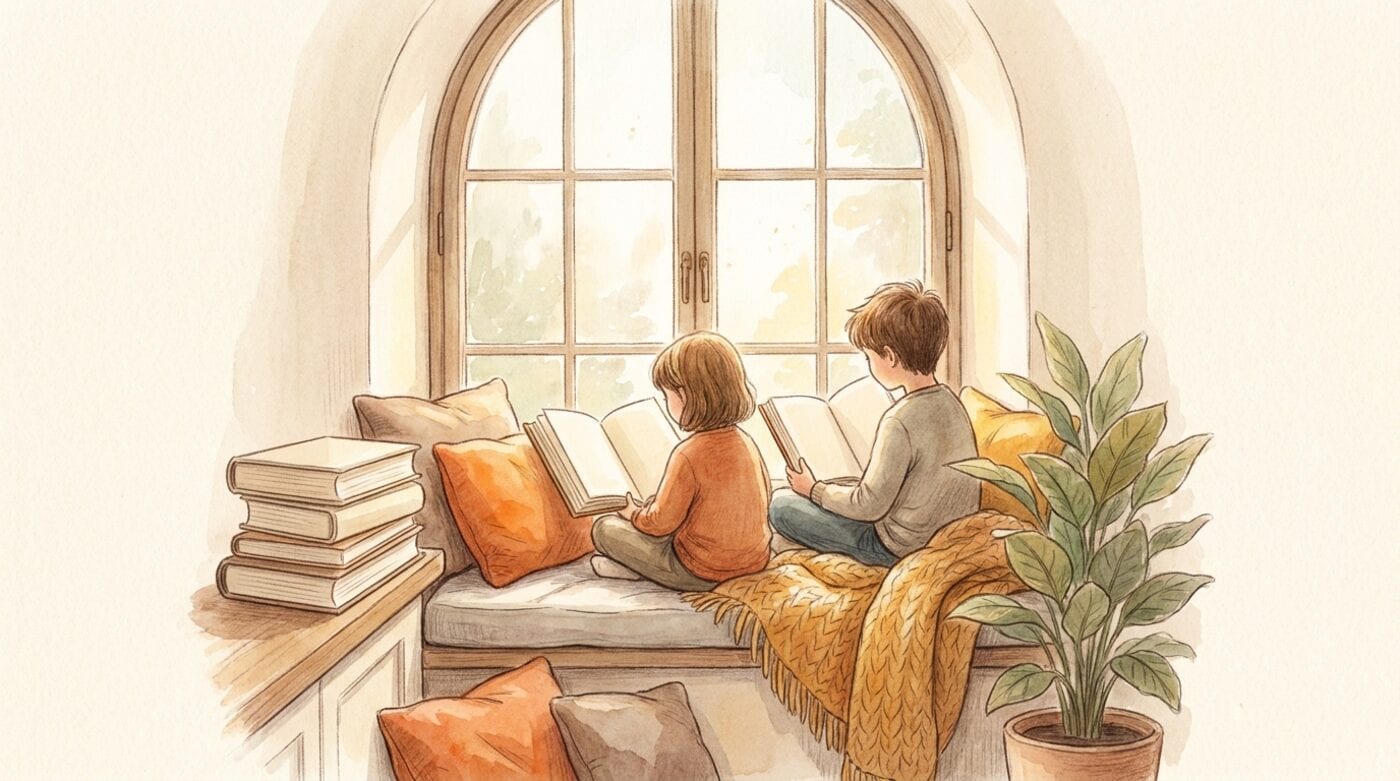 Two children seen from behind on a window seat, each reading a thick chapter book, with a stack of books beside them