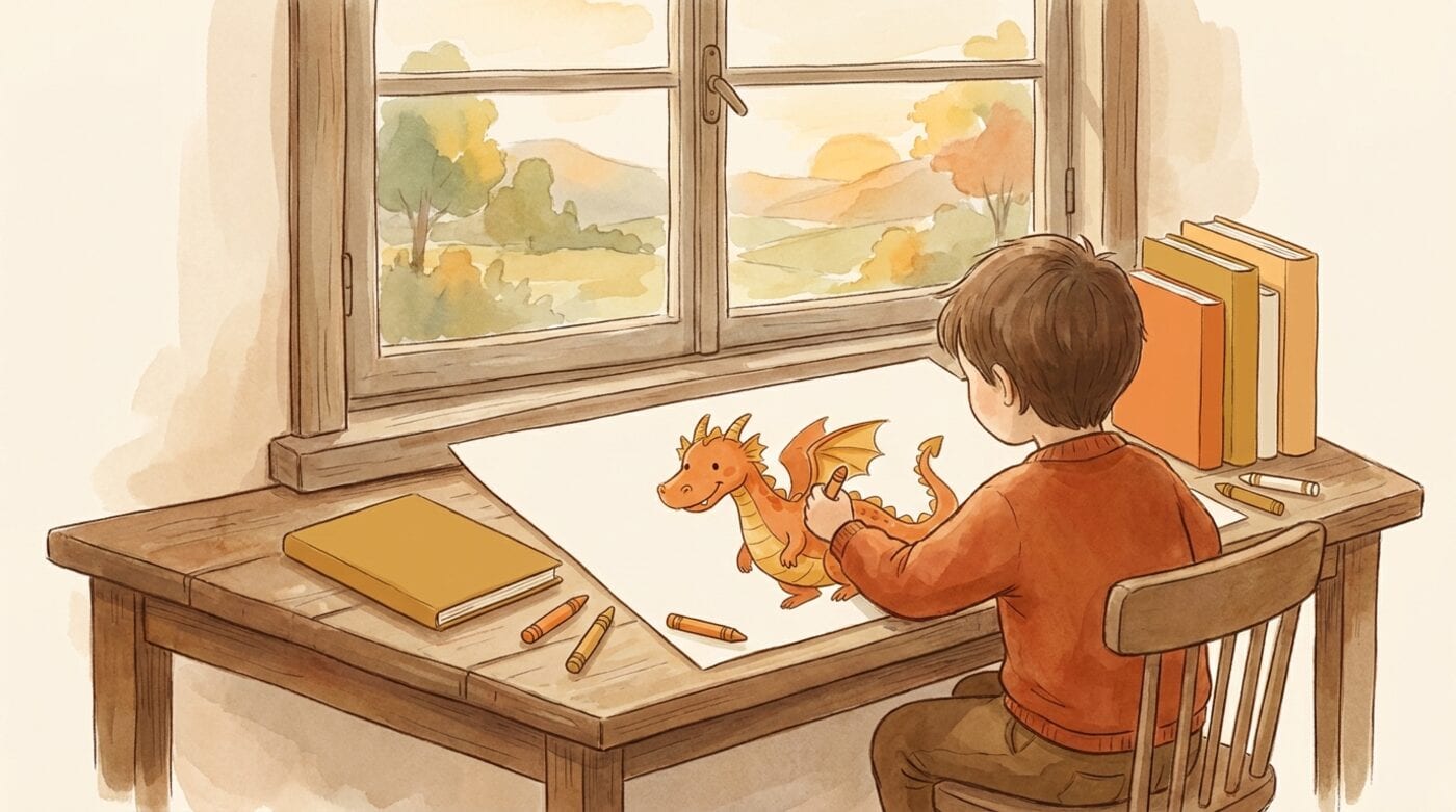 A child at a desk drawing a friendly orange cartoon dragon with crayons by a sunny window
