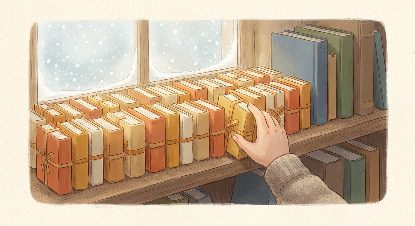 A child's hand reaches for one of many small book-shaped presents wrapped in orange, golden and cream paper on a shelf by a snowy window