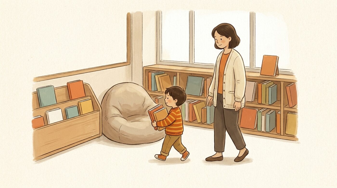 A parent and a three-year-old walking through a library children's corner, the child carrying a small stack of picture books toward a beanbag