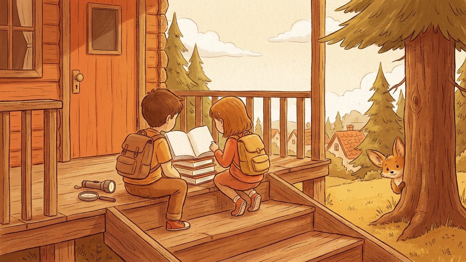 A brother and sister seen from behind on the porch steps of a log cabin, reading a stack of books, while a small fox peeks out from behind a pine tree