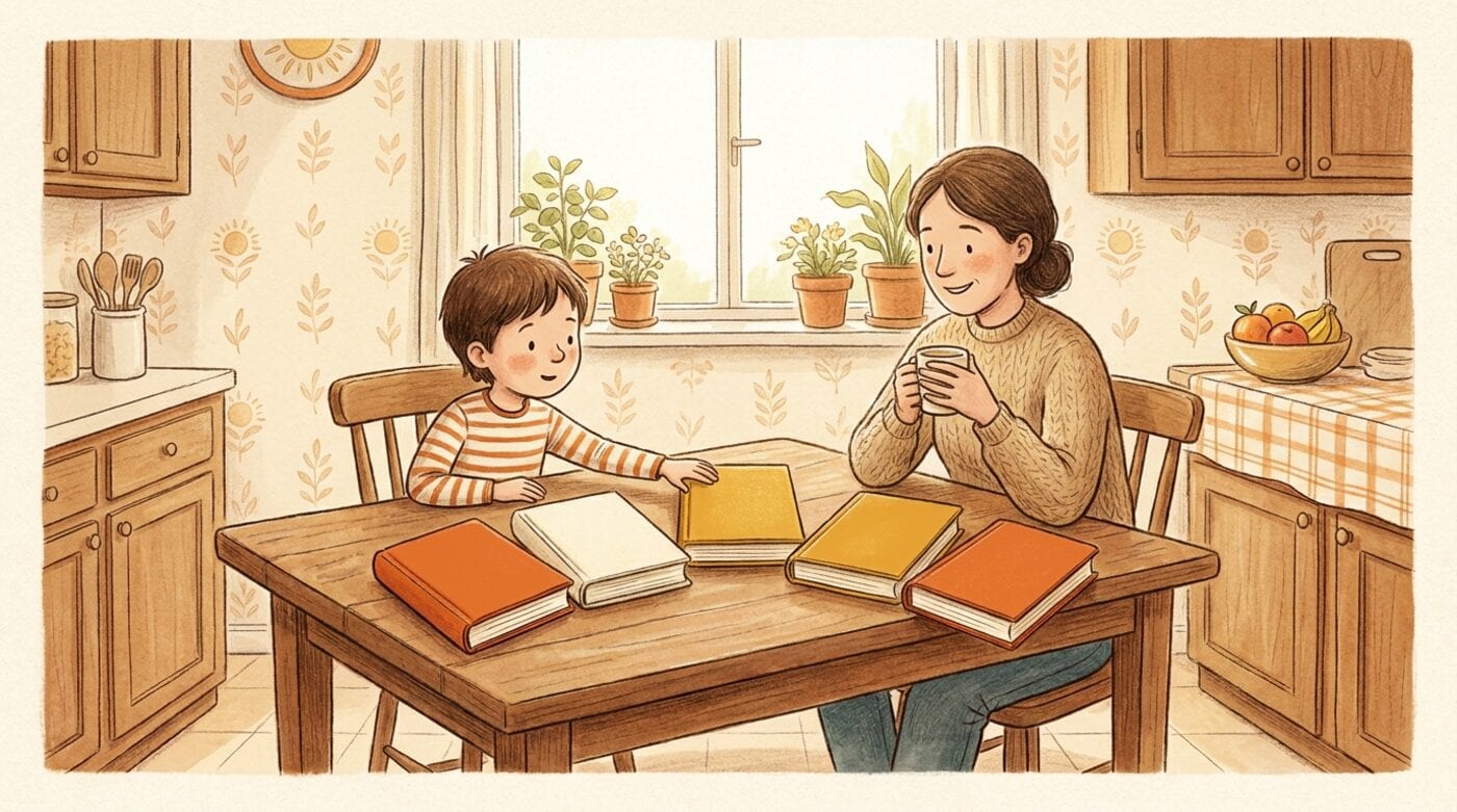 A parent and a child at a kitchen table with several books fanned out between them