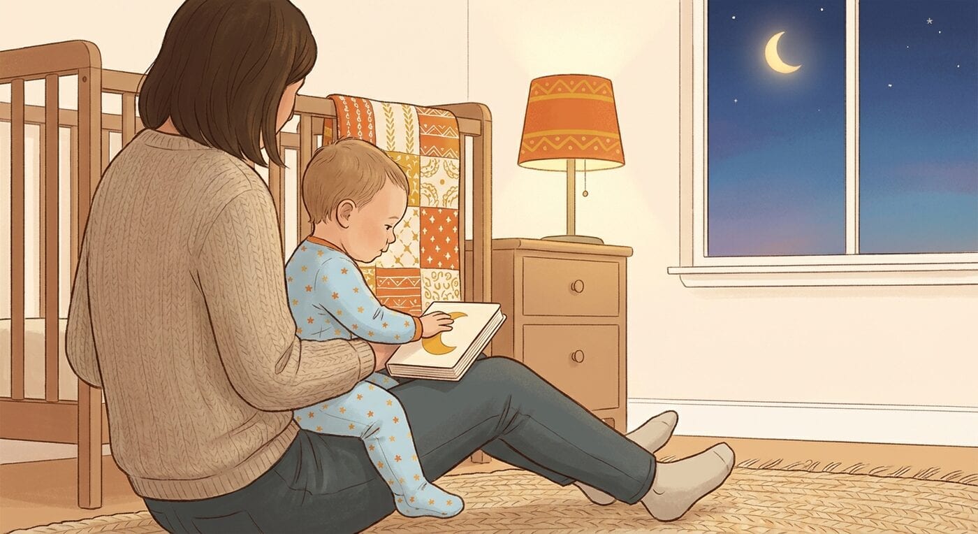 A parent sitting on a rug by a crib with a baby in starry pajamas on their lap, the baby patting a small board book with a yellow moon, seen from behind at night