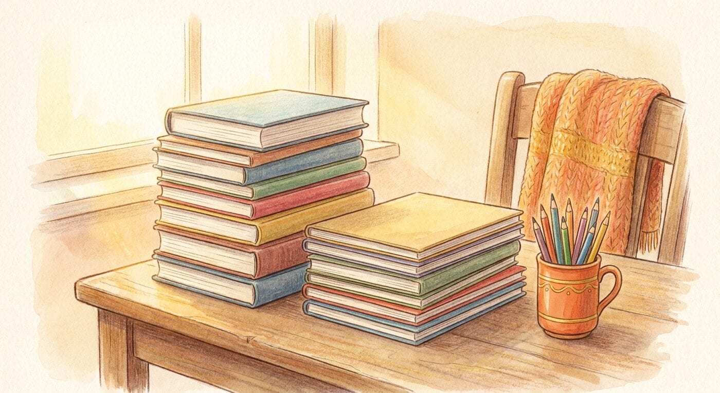 Two neat stacks of plain colorful books on a wooden table, one stack of thicker novels and one of thinner wide books, beside a mug of colored pencils