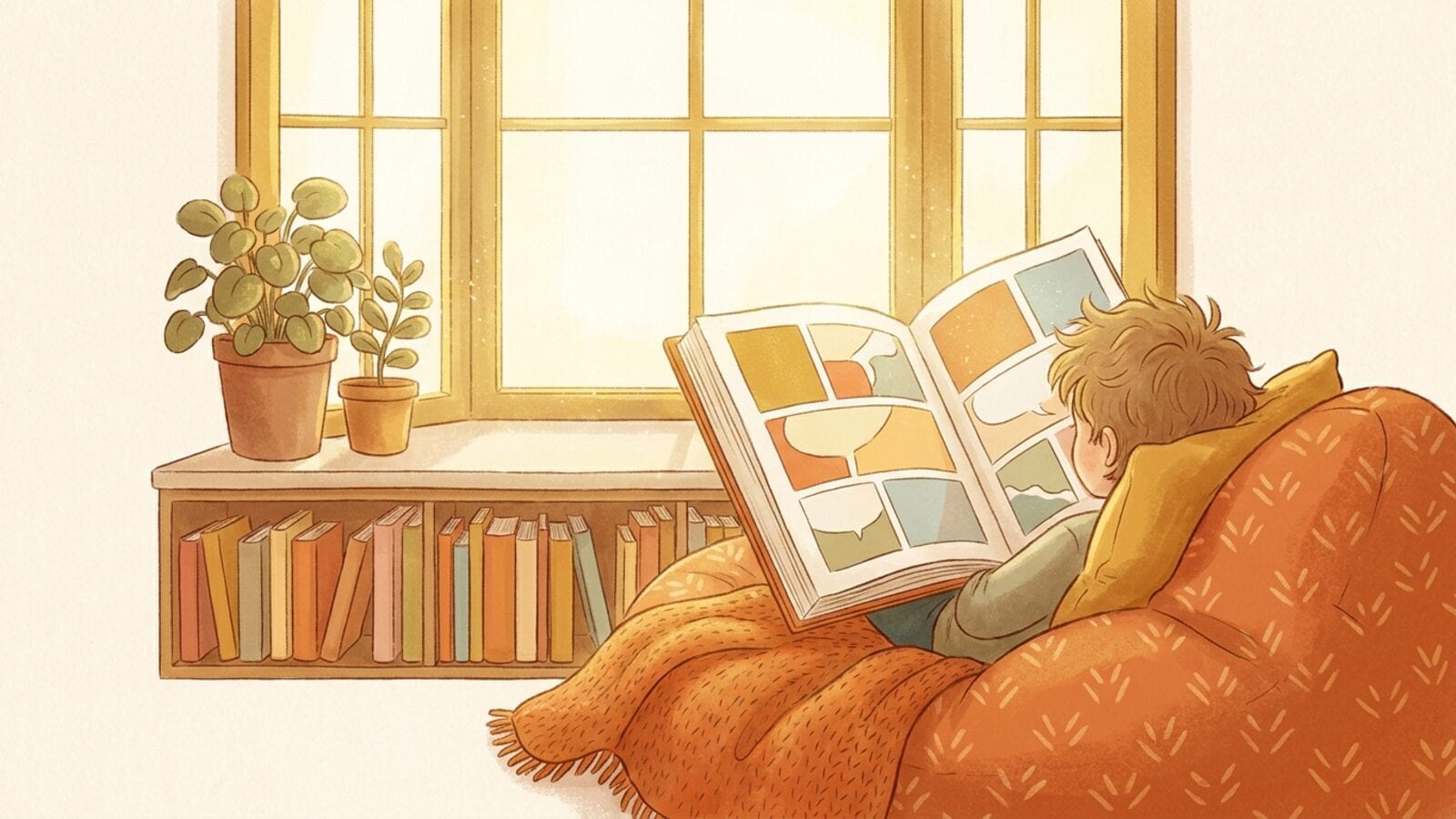 A child seen from behind reading a large open book of colorful comic panels on a beanbag by a sunny window, next to a low shelf of books.