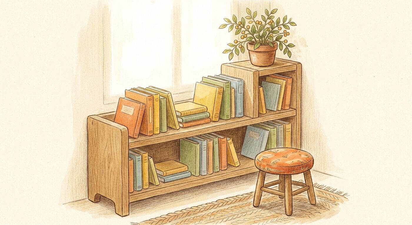 A low wooden shelf of thin children's books in orange, yellow, green and blue groups, with a small orange stool in front