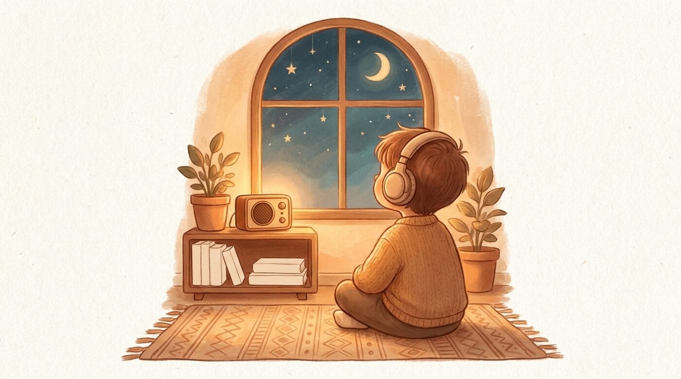 A small child in a cozy sweater and headphones sits on a rug by a starry window, listening to an audio story from a little speaker