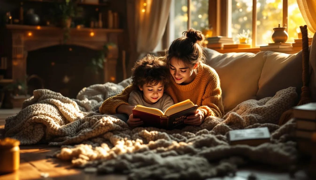 Parent and child reading a book under blankets by a fireplace