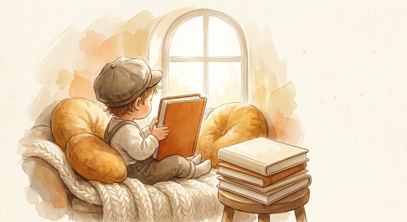 A small child seen from behind in a window reading nook, holding a sturdy orange book beside a stack of books on a stool
