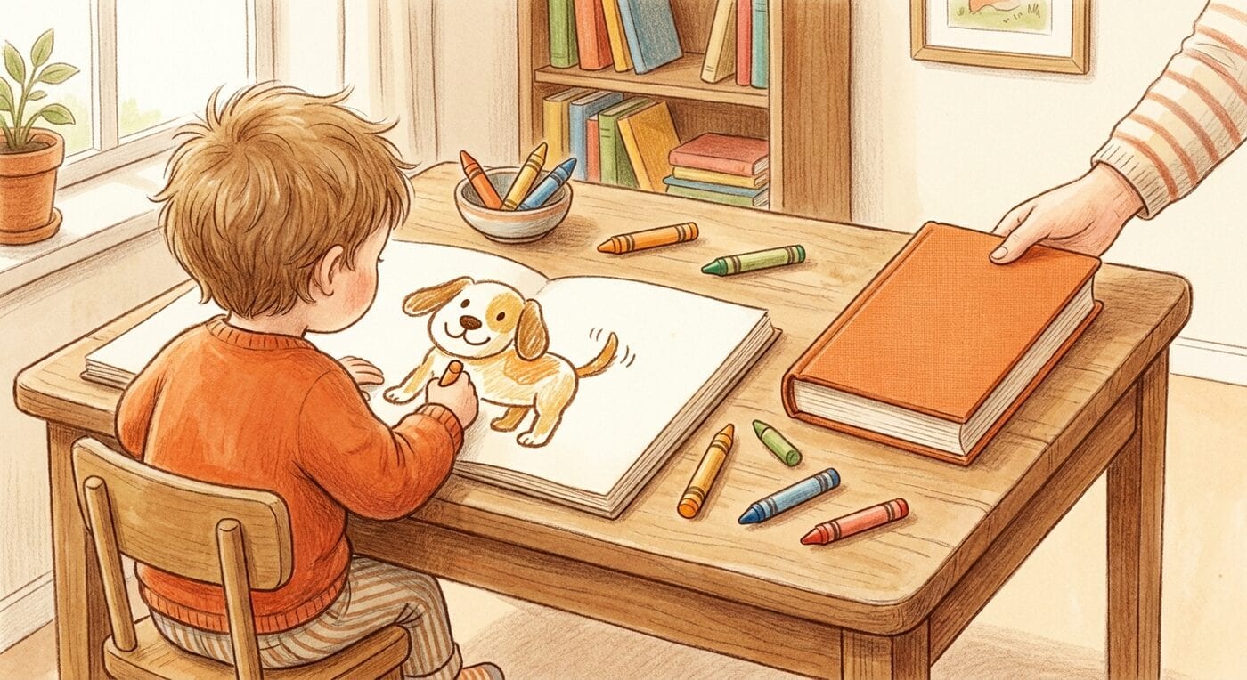 A child at a wooden desk colors a large drawing of a smiling puppy in a sketchbook while a parent's hand sets a closed orange book on the desk
